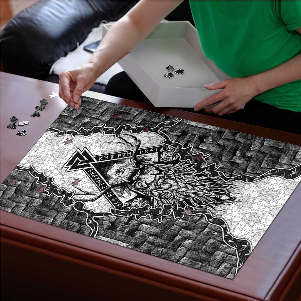 Odin and Skull Warrior Norse Mythology Puzzle Viking Black and White Engraved Stone Art