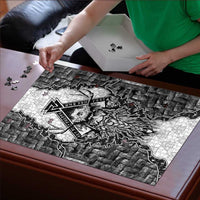 Odin and Skull Warrior Norse Mythology Puzzle Viking Black and White Engraved Stone Art