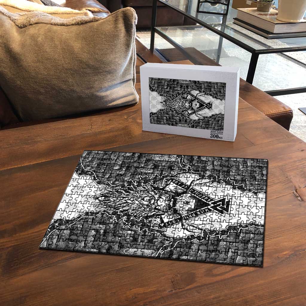 Odin and Skull Warrior Norse Mythology Puzzle Viking Black and White Engraved Stone Art