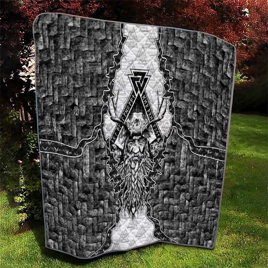 Odin and Skull Warrior Norse Mythology Quilt Viking Black and White Engraved Stone Art