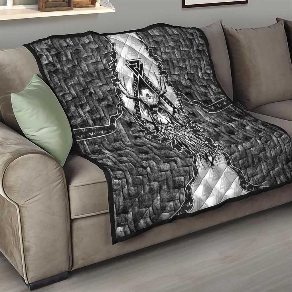 Odin and Skull Warrior Norse Mythology Quilt Viking Black and White Engraved Stone Art