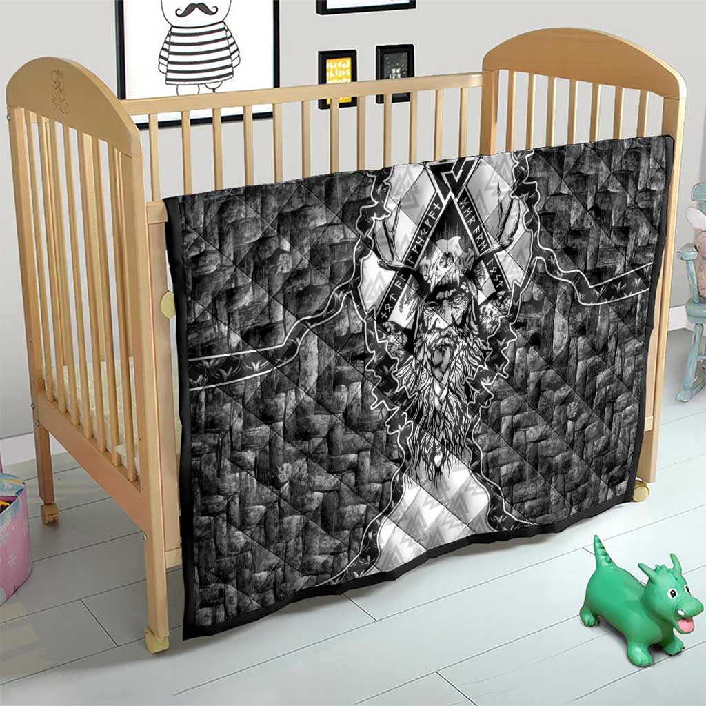 Odin and Skull Warrior Norse Mythology Quilt Viking Black and White Engraved Stone Art