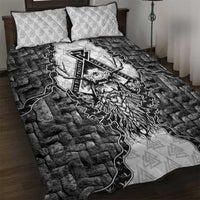 Odin and Skull Warrior Norse Mythology Quilt Bed Set Viking Black and White Engraved Stone Art