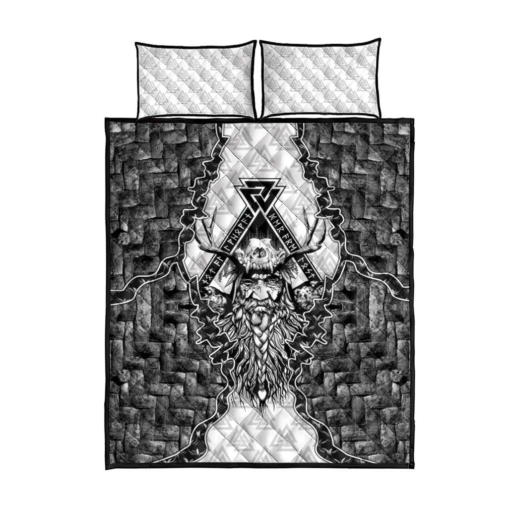 Odin and Skull Warrior Norse Mythology Quilt Bed Set Viking Black and White Engraved Stone Art