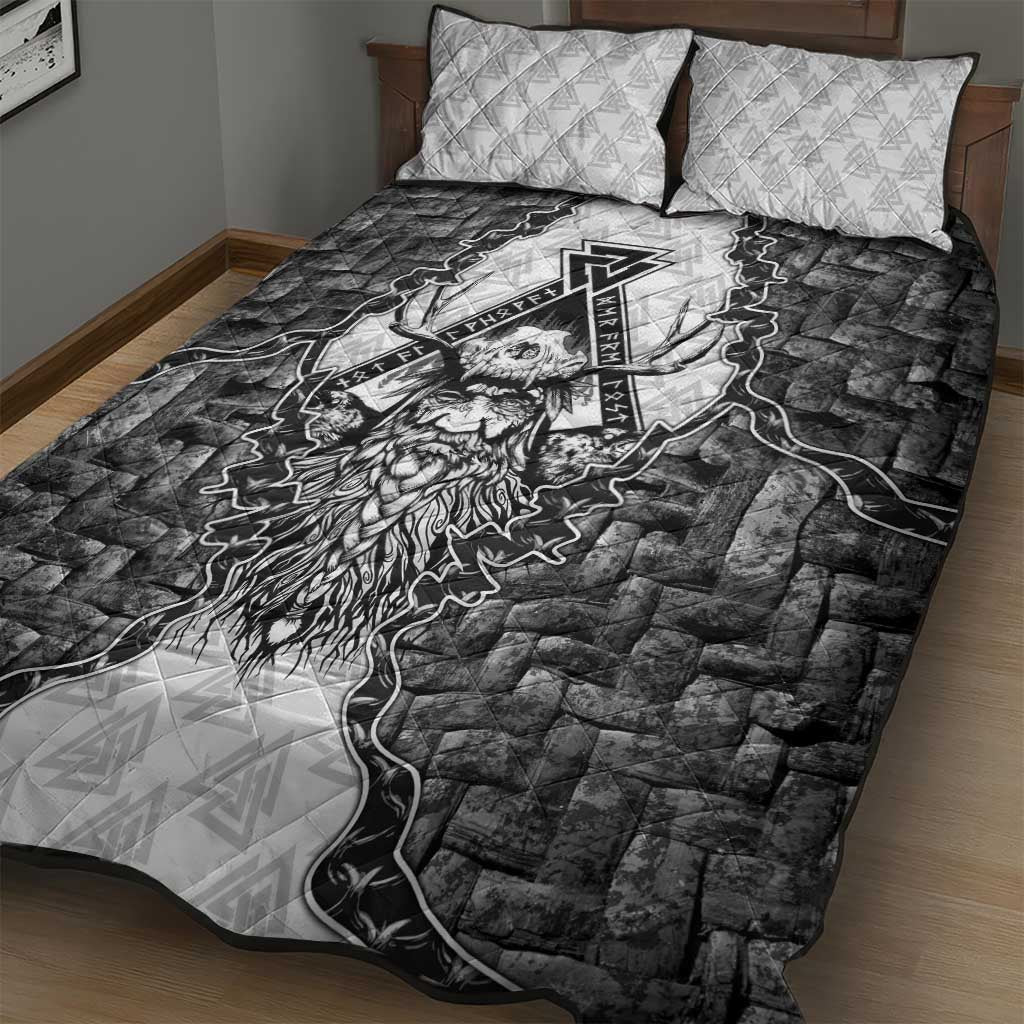 Odin and Skull Warrior Norse Mythology Quilt Bed Set Viking Black and White Engraved Stone Art