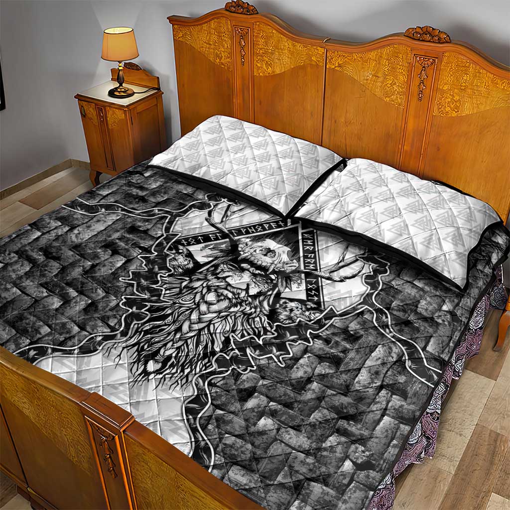 Odin and Skull Warrior Norse Mythology Quilt Bed Set Viking Black and White Engraved Stone Art