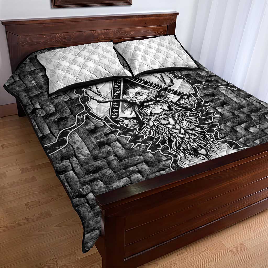 Odin and Skull Warrior Norse Mythology Quilt Bed Set Viking Black and White Engraved Stone Art