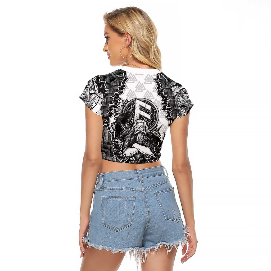 Odin and Skull Warrior Norse Mythology Raglan Cropped T Shirt Viking Black and White Engraved Stone Art