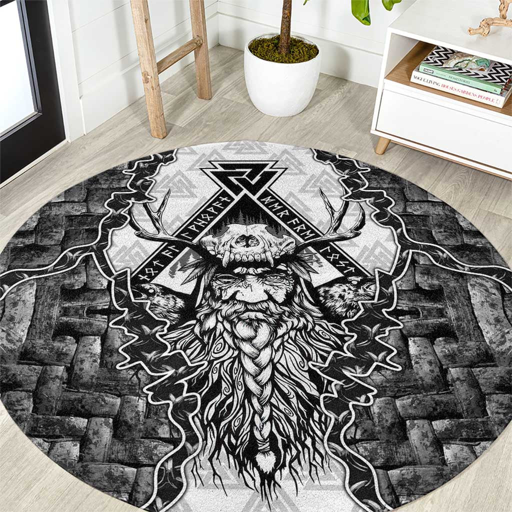Odin and Skull Warrior Norse Mythology Round Carpet Viking Black and White Engraved Stone Art