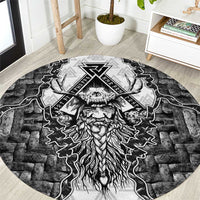 Odin and Skull Warrior Norse Mythology Round Carpet Viking Black and White Engraved Stone Art