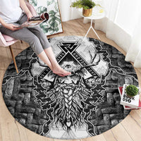 Odin and Skull Warrior Norse Mythology Round Carpet Viking Black and White Engraved Stone Art