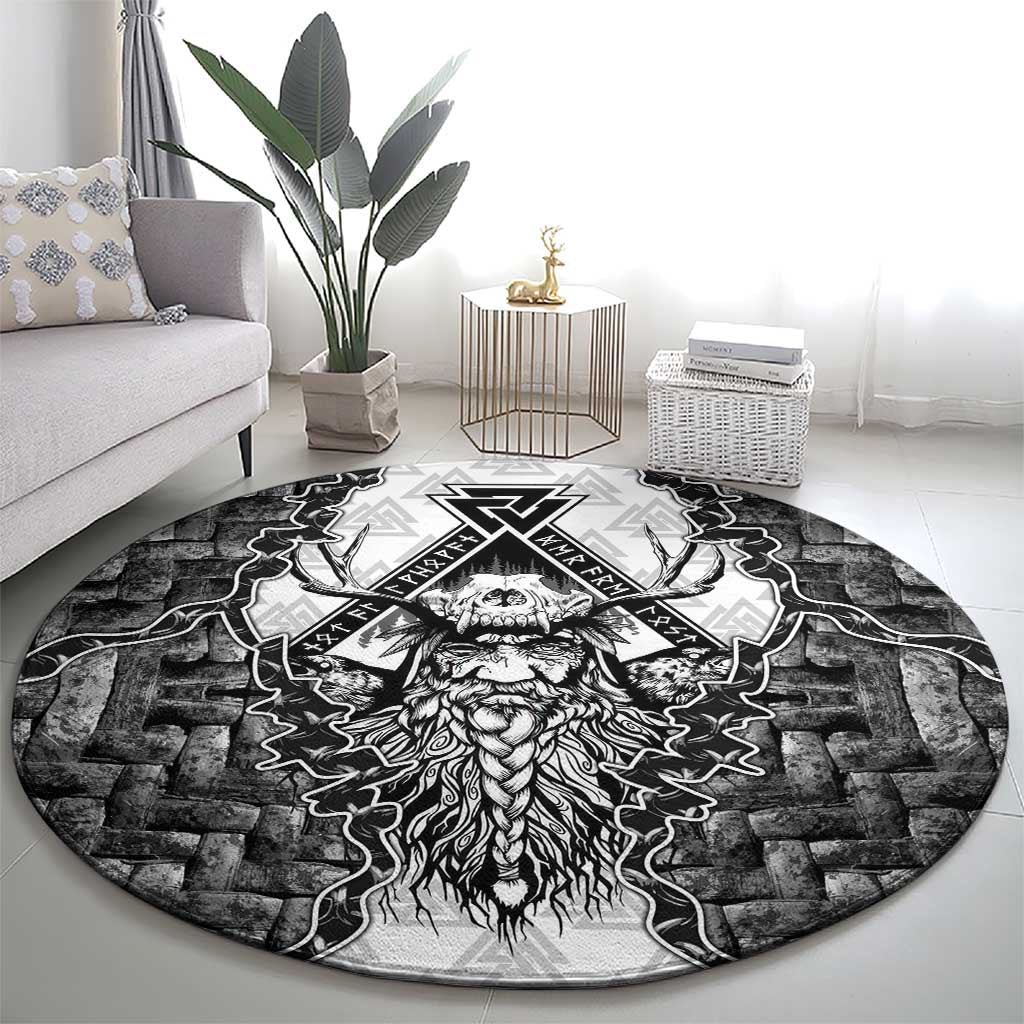 Odin and Skull Warrior Norse Mythology Round Carpet Viking Black and White Engraved Stone Art