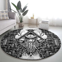 Odin and Skull Warrior Norse Mythology Round Carpet Viking Black and White Engraved Stone Art