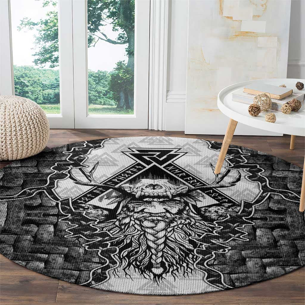 Odin and Skull Warrior Norse Mythology Round Carpet Viking Black and White Engraved Stone Art