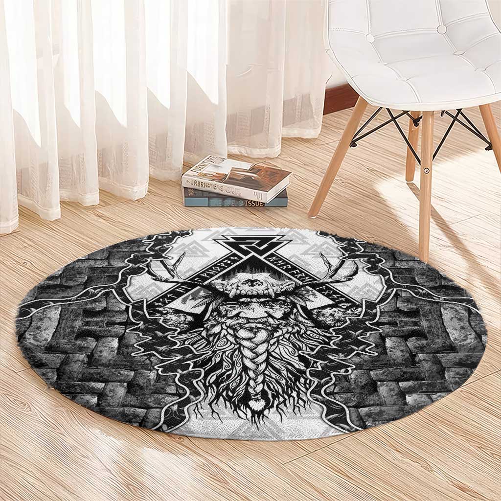 Odin and Skull Warrior Norse Mythology Round Carpet Viking Black and White Engraved Stone Art