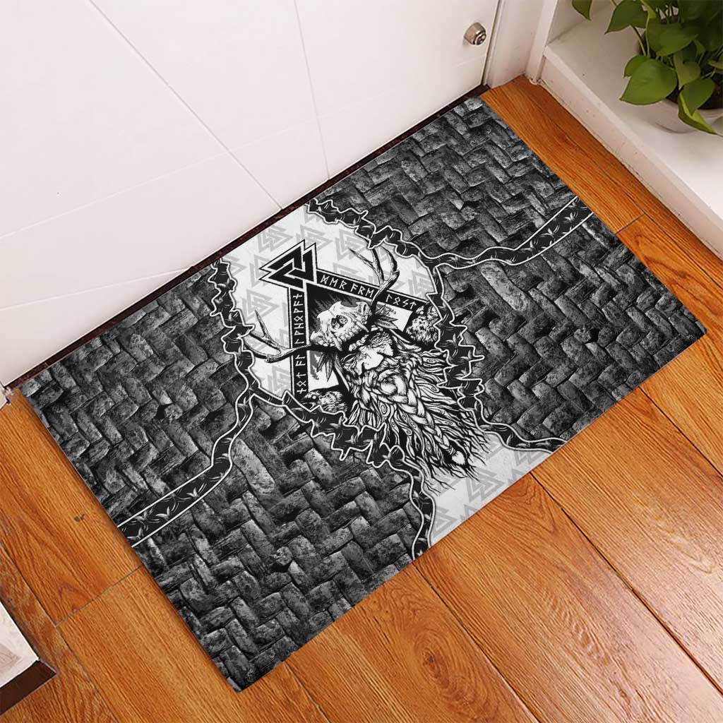 Odin and Skull Warrior Norse Mythology Rubber Doormat Viking Black and White Engraved Stone Art