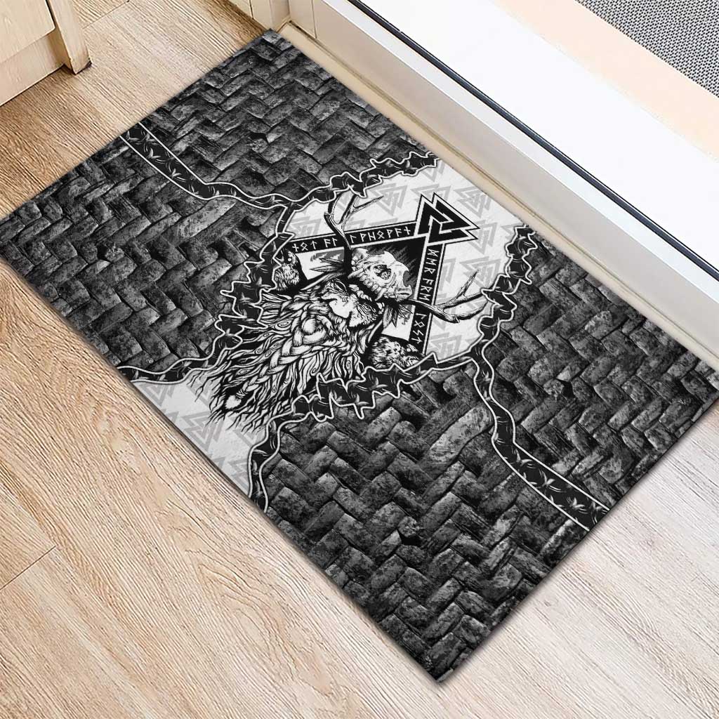 Odin and Skull Warrior Norse Mythology Rubber Doormat Viking Black and White Engraved Stone Art