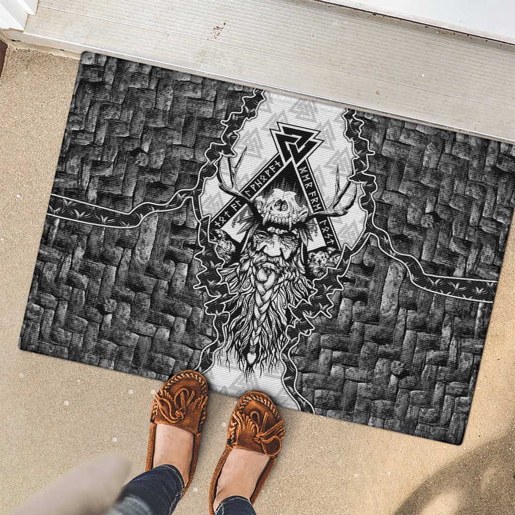 Odin and Skull Warrior Norse Mythology Rubber Doormat Viking Black and White Engraved Stone Art