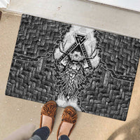 Odin and Skull Warrior Norse Mythology Rubber Doormat Viking Black and White Engraved Stone Art