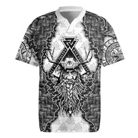 Odin and Skull Warrior Norse Mythology Rugby Jersey Viking Black and White Engraved Stone Art
