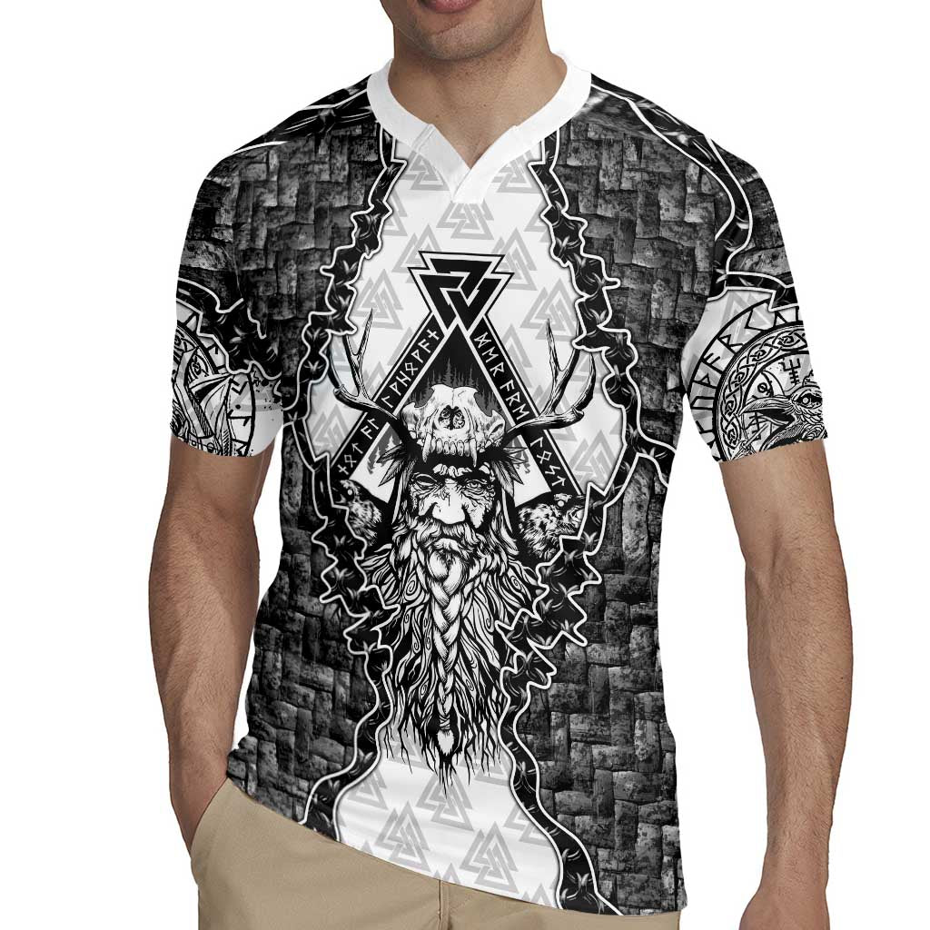 Odin and Skull Warrior Norse Mythology Rugby Jersey Viking Black and White Engraved Stone Art
