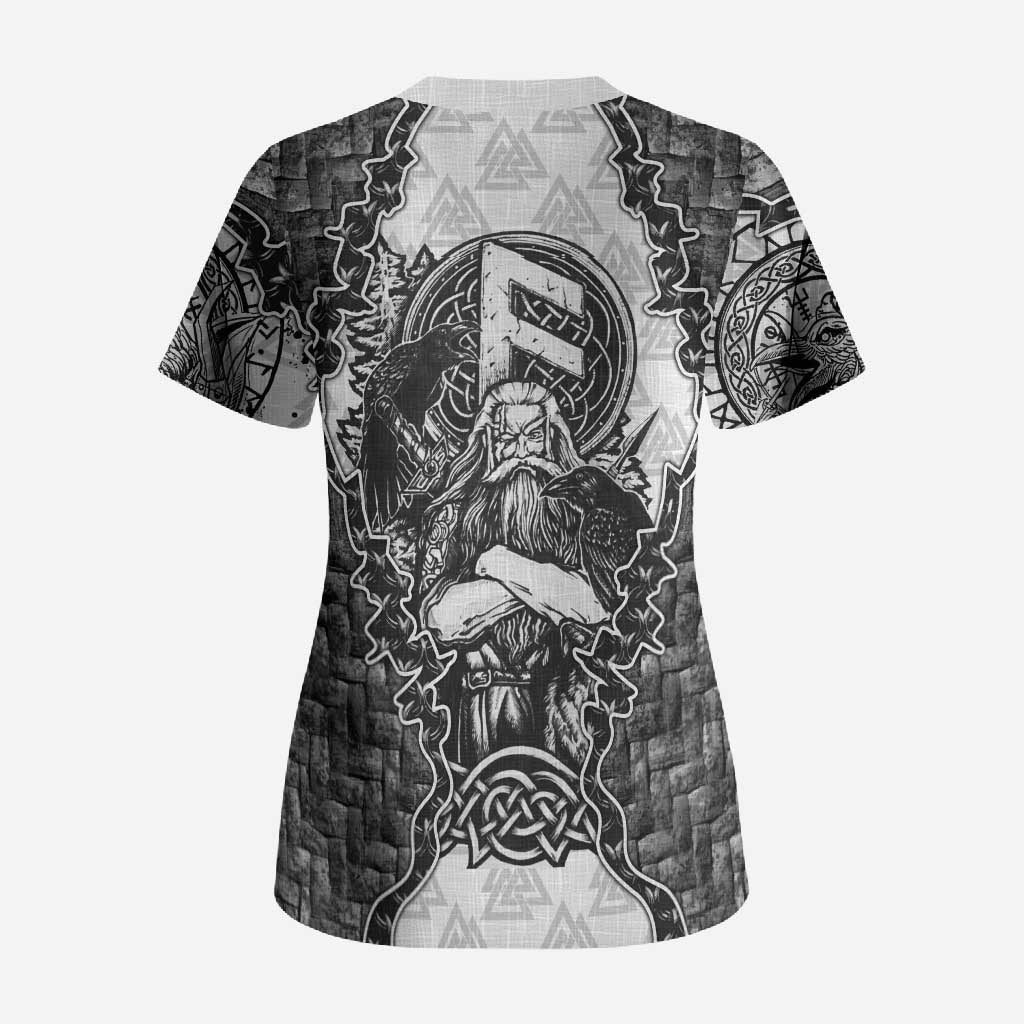 Odin and Skull Warrior Norse Mythology Scrub Top Viking Black and White Engraved Stone Art