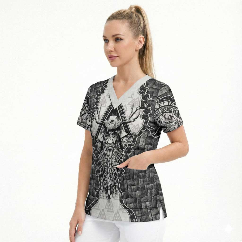 Odin and Skull Warrior Norse Mythology Scrub Top Viking Black and White Engraved Stone Art