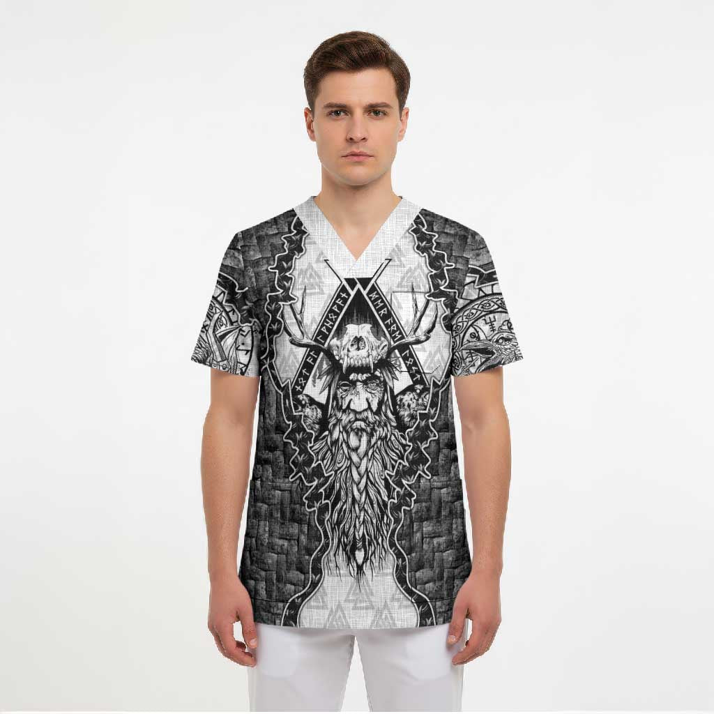Odin and Skull Warrior Norse Mythology Scrub Top Viking Black and White Engraved Stone Art
