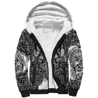 Odin and Skull Warrior Norse Mythology Sherpa Hoodie Viking Black and White Engraved Stone Art