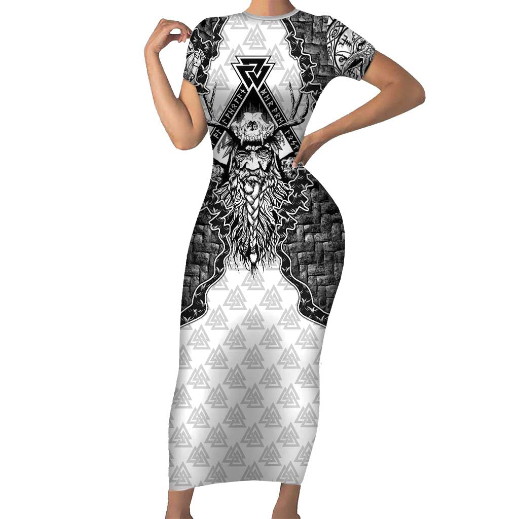 Odin and Skull Warrior Norse Mythology Short Sleeve Bodycon Dress Viking Black and White Engraved Stone Art