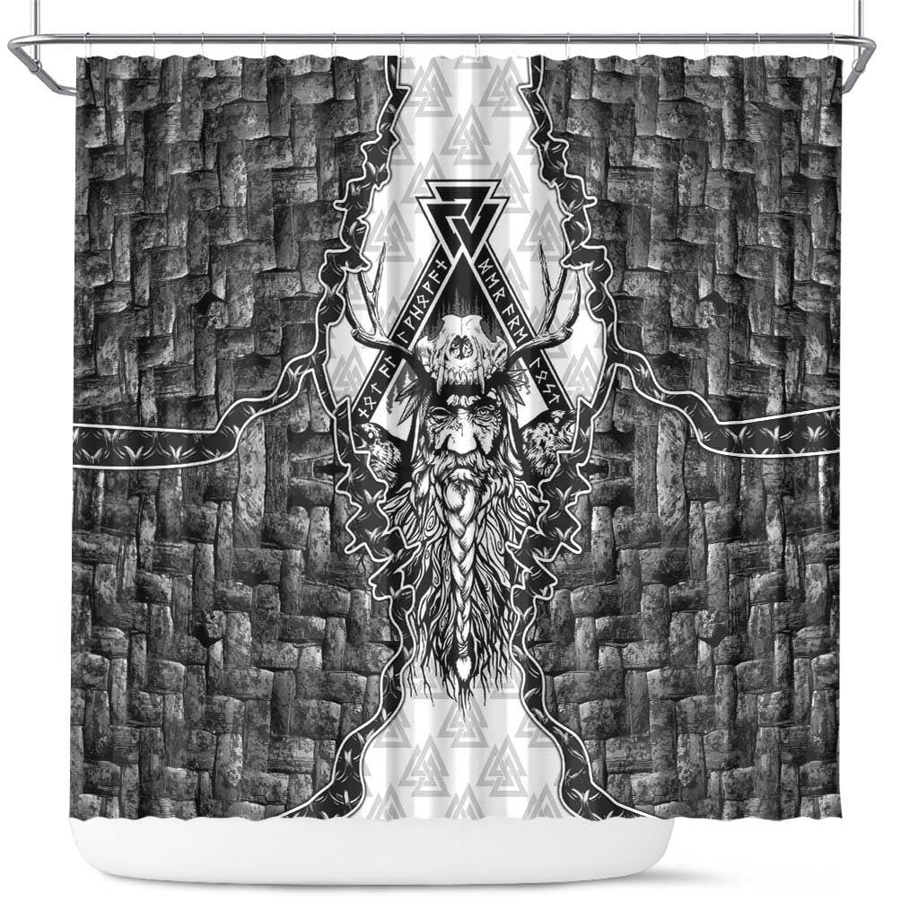 Odin and Skull Warrior Norse Mythology Shower Curtain Viking Black and White Engraved Stone Art
