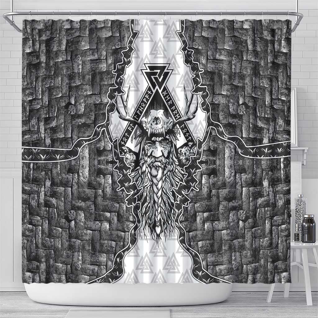 Odin and Skull Warrior Norse Mythology Shower Curtain Viking Black and White Engraved Stone Art