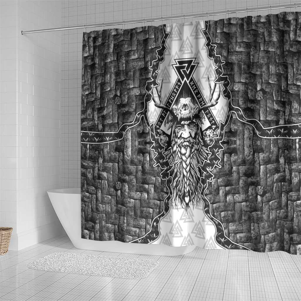 Odin and Skull Warrior Norse Mythology Shower Curtain Viking Black and White Engraved Stone Art