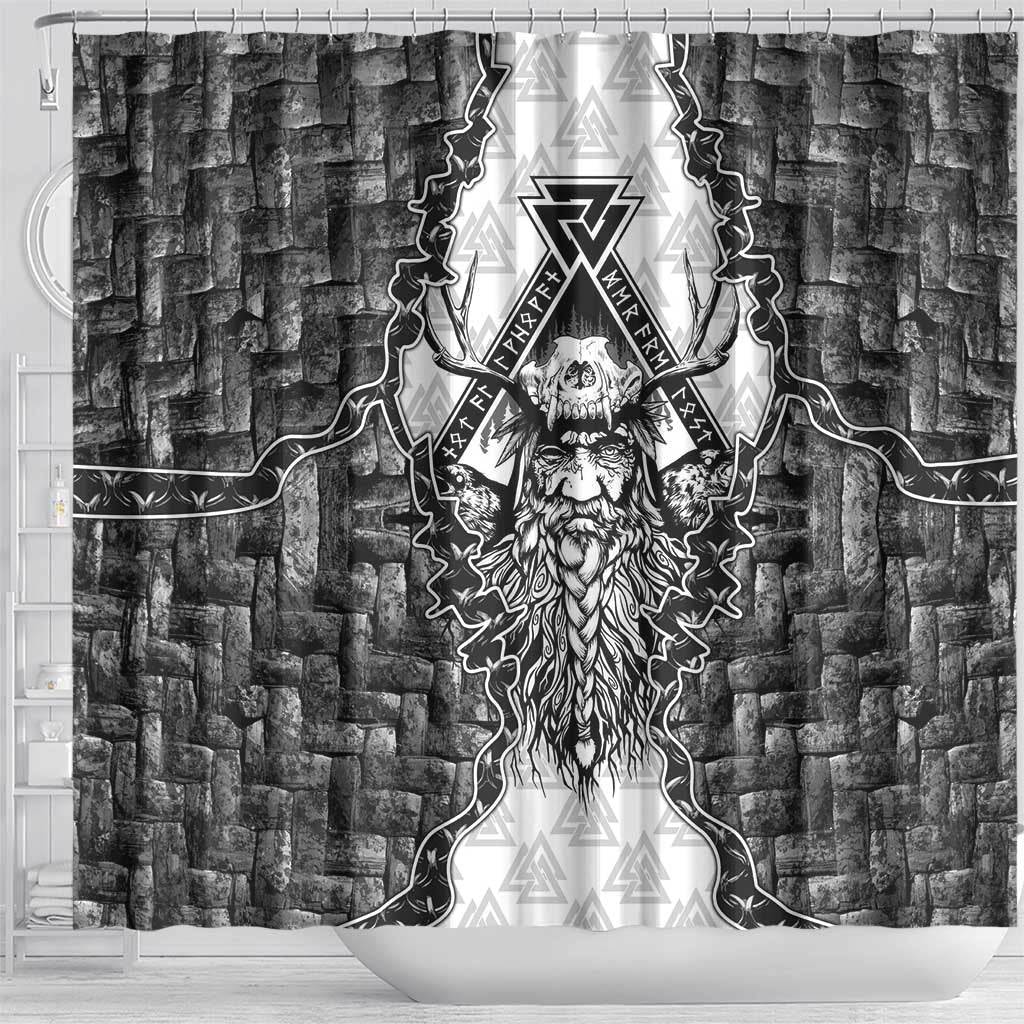 Odin and Skull Warrior Norse Mythology Shower Curtain Viking Black and White Engraved Stone Art
