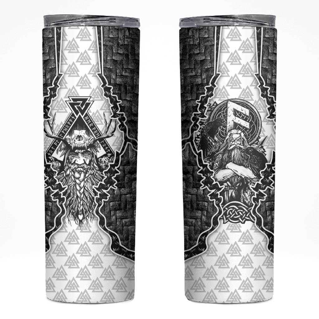 Odin and Skull Warrior Norse Mythology Skinny Tumbler Viking Black and White Engraved Stone Art