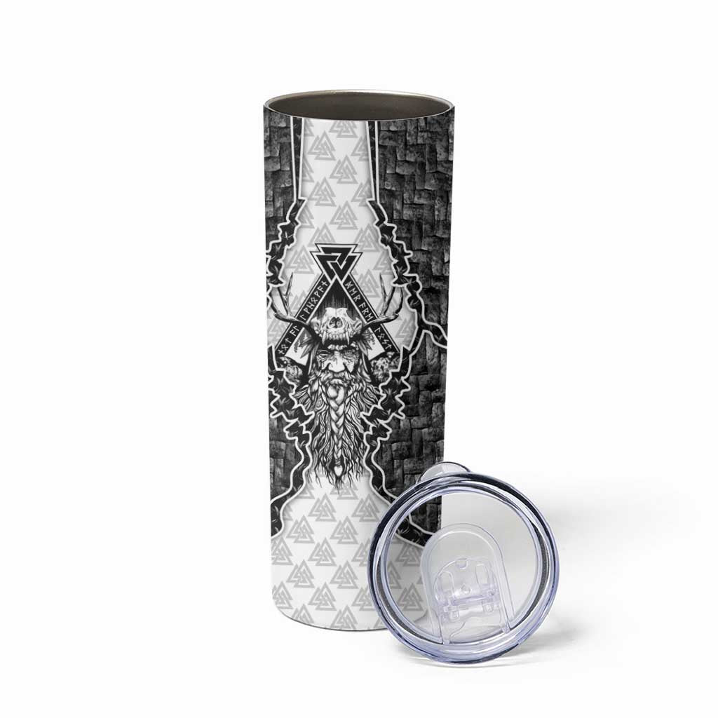 Odin and Skull Warrior Norse Mythology Skinny Tumbler Viking Black and White Engraved Stone Art