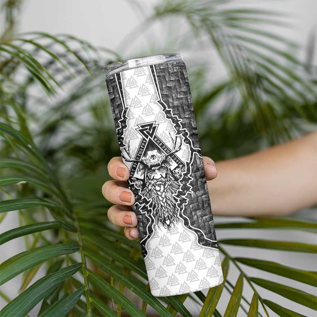 Odin and Skull Warrior Norse Mythology Skinny Tumbler Viking Black and White Engraved Stone Art