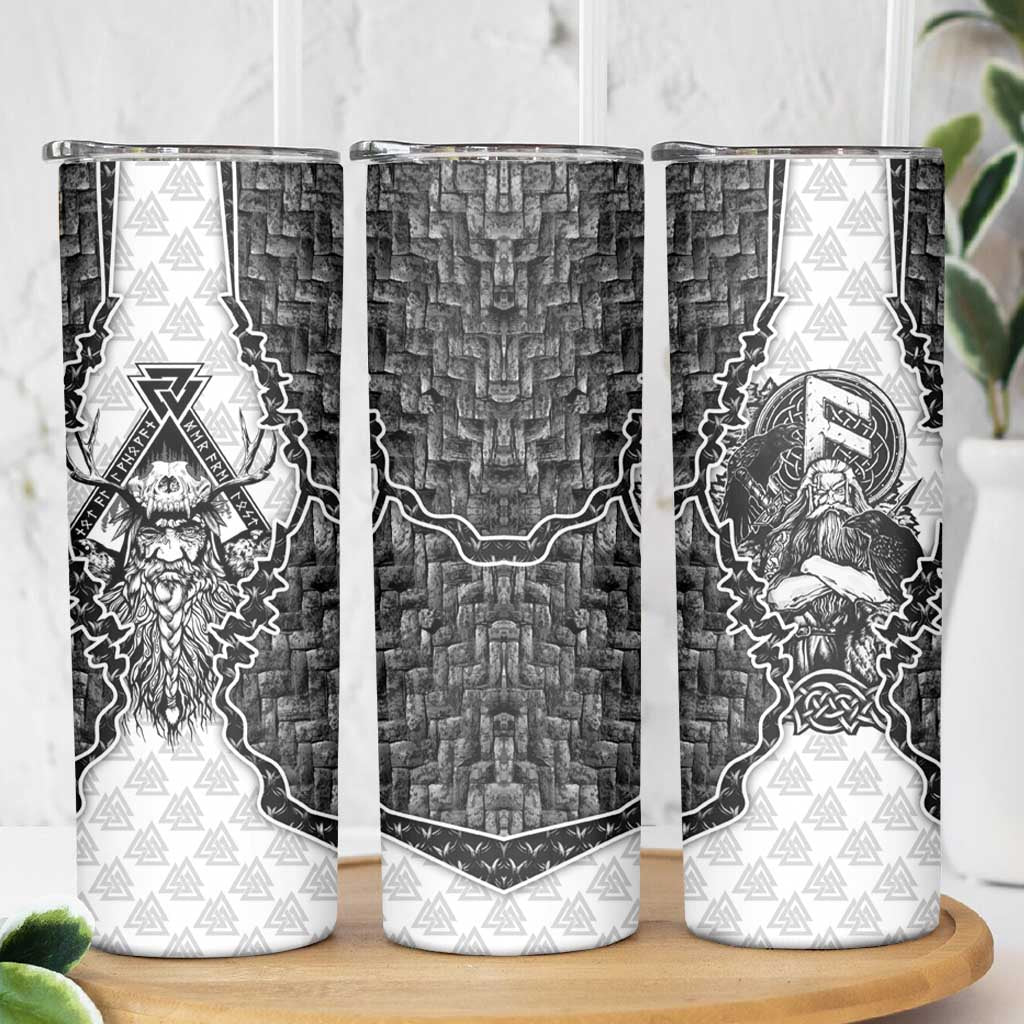 Odin and Skull Warrior Norse Mythology Skinny Tumbler Viking Black and White Engraved Stone Art