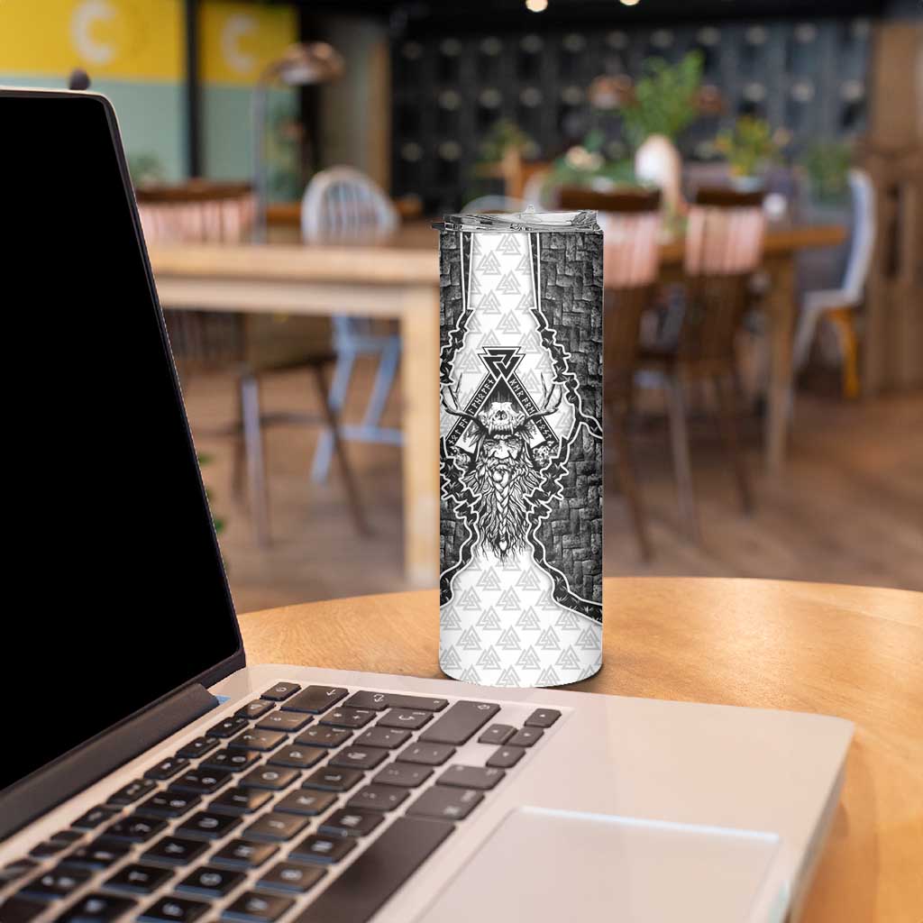 Odin and Skull Warrior Norse Mythology Skinny Tumbler Viking Black and White Engraved Stone Art