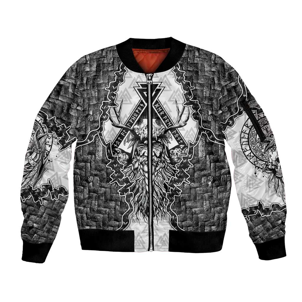 Odin and Skull Warrior Norse Mythology Sleeve Zip Bomber Jacket Viking Black and White Engraved Stone Art