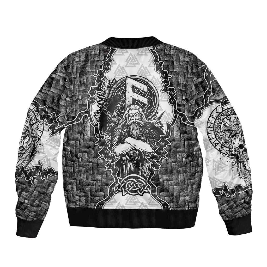 Odin and Skull Warrior Norse Mythology Sleeve Zip Bomber Jacket Viking Black and White Engraved Stone Art