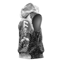 Odin and Skull Warrior Norse Mythology Sleeveless Hoodie Viking Black and White Engraved Stone Art