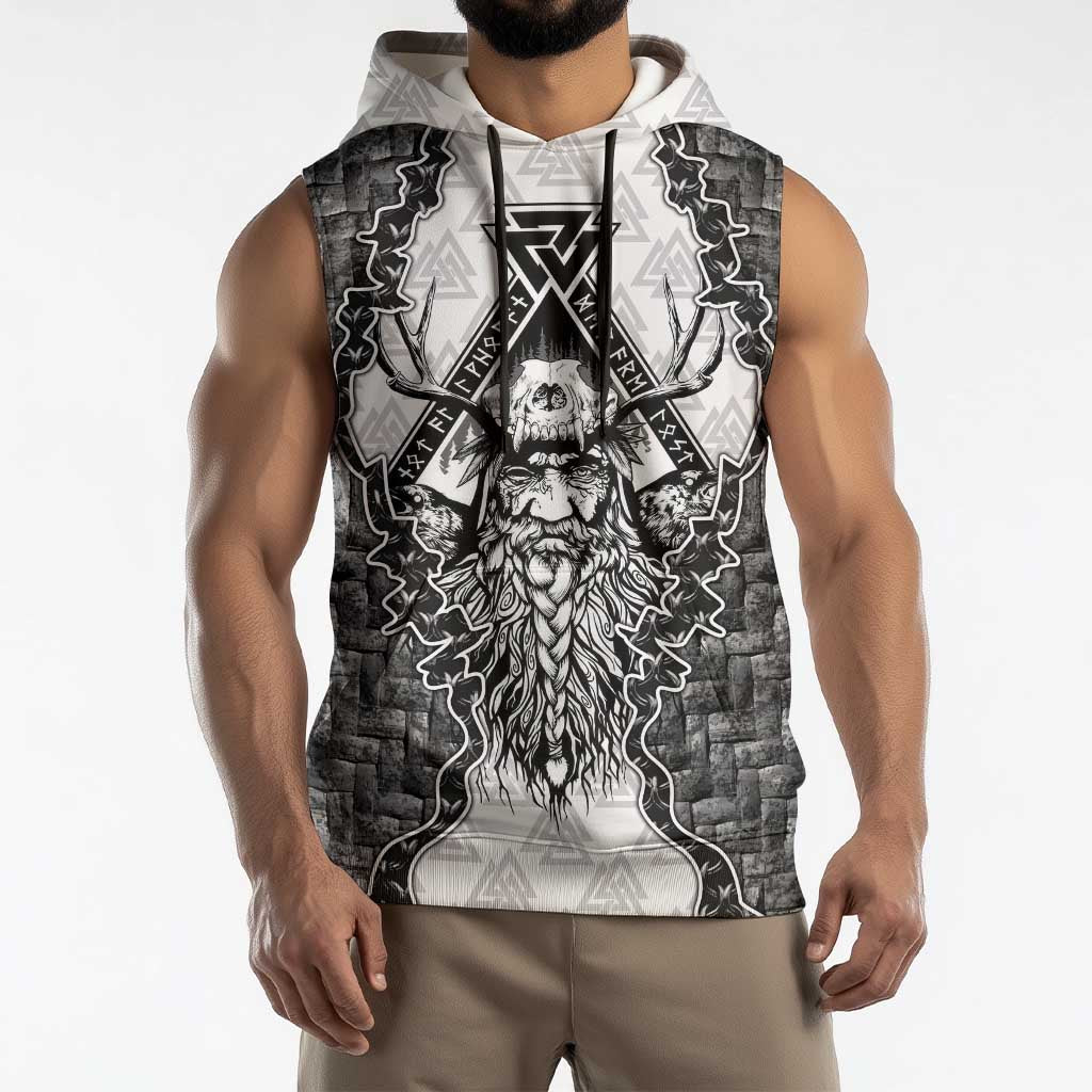 Odin and Skull Warrior Norse Mythology Sleeveless Hoodie Viking Black and White Engraved Stone Art