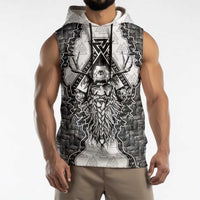 Odin and Skull Warrior Norse Mythology Sleeveless Hoodie Viking Black and White Engraved Stone Art