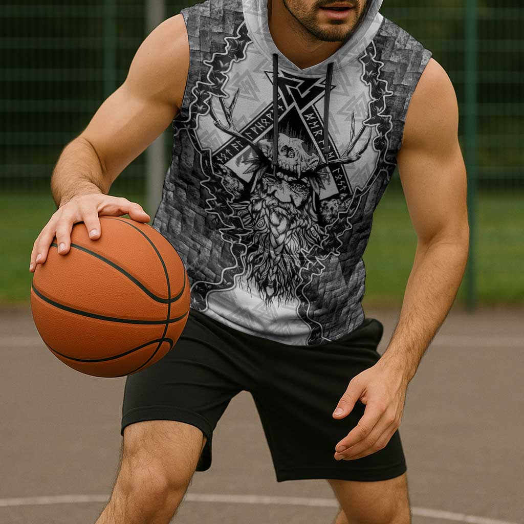 Odin and Skull Warrior Norse Mythology Sleeveless Hoodie Viking Black and White Engraved Stone Art