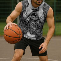 Odin and Skull Warrior Norse Mythology Sleeveless Hoodie Viking Black and White Engraved Stone Art