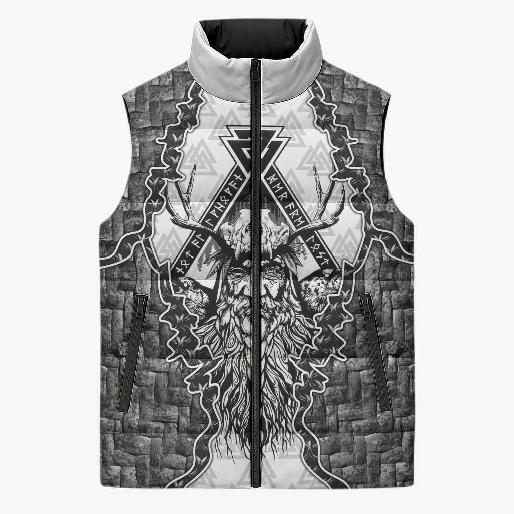 Odin and Skull Warrior Norse Mythology Sleeveless Puffer Jacket Viking Black and White Engraved Stone Art
