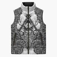 Odin and Skull Warrior Norse Mythology Sleeveless Puffer Jacket Viking Black and White Engraved Stone Art