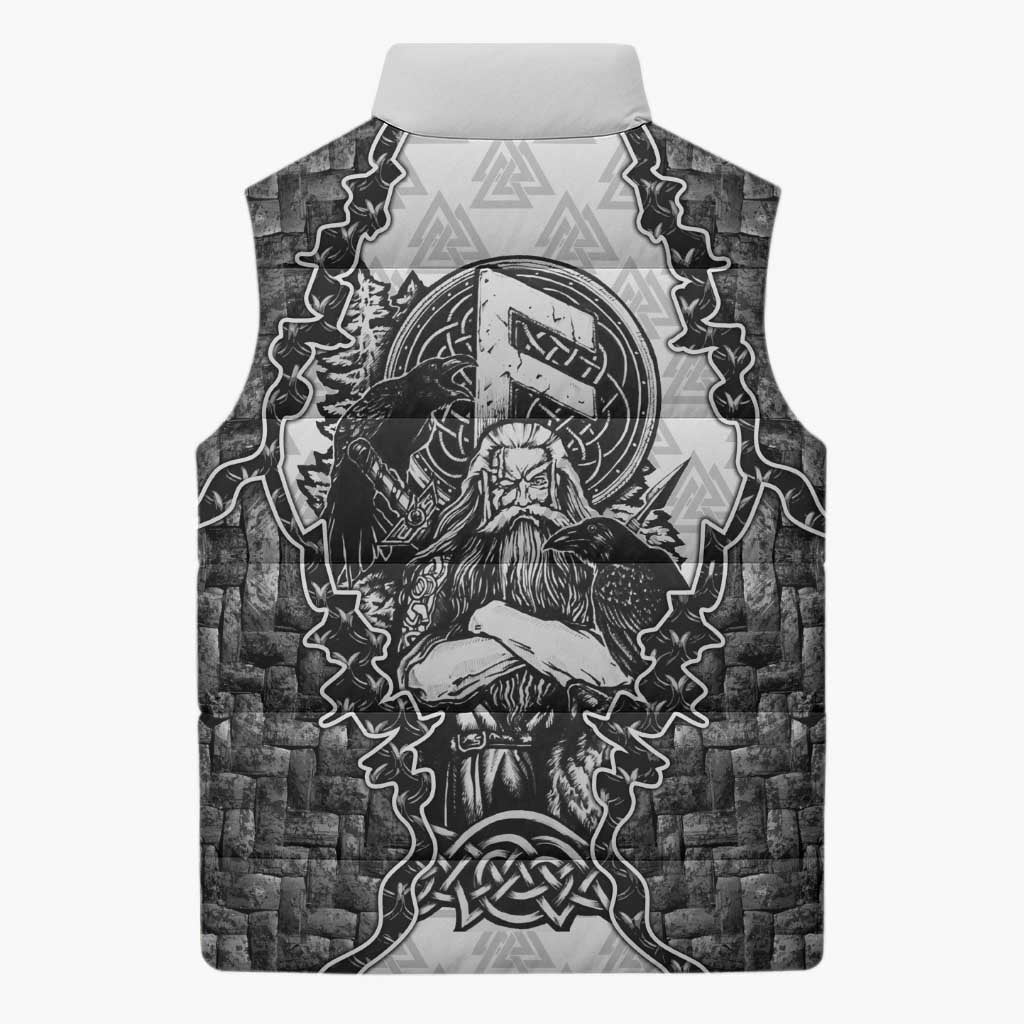 Odin and Skull Warrior Norse Mythology Sleeveless Puffer Jacket Viking Black and White Engraved Stone Art