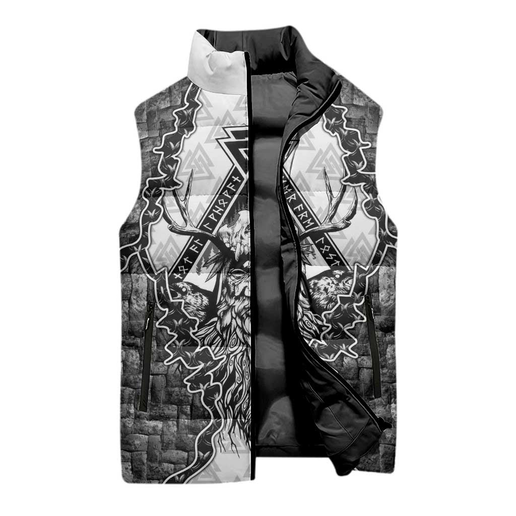 Odin and Skull Warrior Norse Mythology Sleeveless Puffer Jacket Viking Black and White Engraved Stone Art